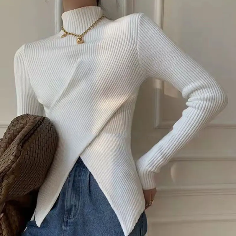 Crriflz Half Turtleneck Knitted Bottoming Top For Women Autumn Winter Slimming Niche Hem Slit Sweater Pullover