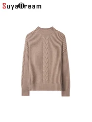 SuyaDream, Women Heavy Pullovers, 51.9%Sheep Wool, Mock Neck, Cables Knit Sweaters, 2024 Fall Winter Warm Top, White, Coffee