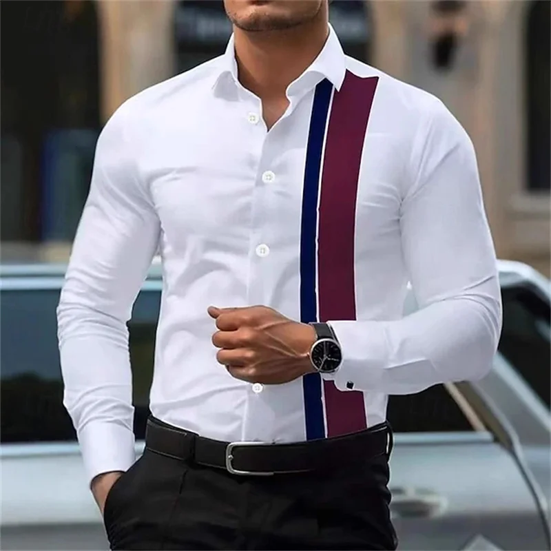 Men's fashionable contrast color striped long sleeve shirt European and American style business casual trendy casual men's shirt
