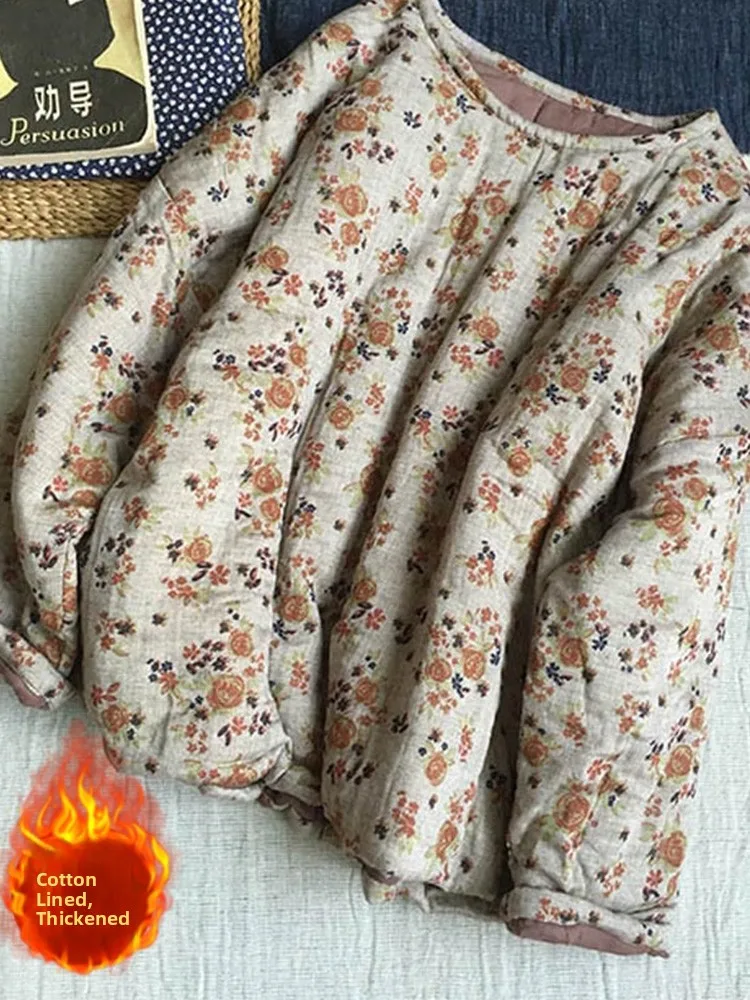 

Женское теплое пальто из хлопка и льна в стиле ретро с цветочным принтом, свободный круглый пуловер, зимняя верхняя одежда Long Sve