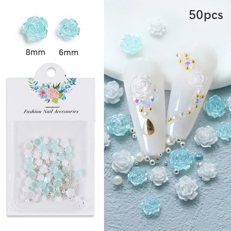 50 Pz/borsa FAI DA TE Unghie Artistiche Decorazione 3D Resina Perlescenti Camelia Con Sfere D'acciaio Perla Manicure Diamante Manicure Design Accesso