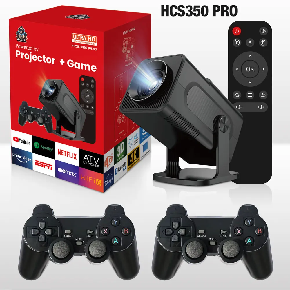 HCS350 Pro Projector,Retro Video Game Consoles,Quad ARM Cortex-A53,Android 12 Dual Band WiFi6 + BT5.4 Module,1080P 450 Ansi LM