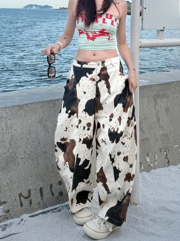 

American Retro Cow Pattern Wide Leg Jeans Women's Spring Summer New Street Loose Shape Loose Knife Pants Casual Wear