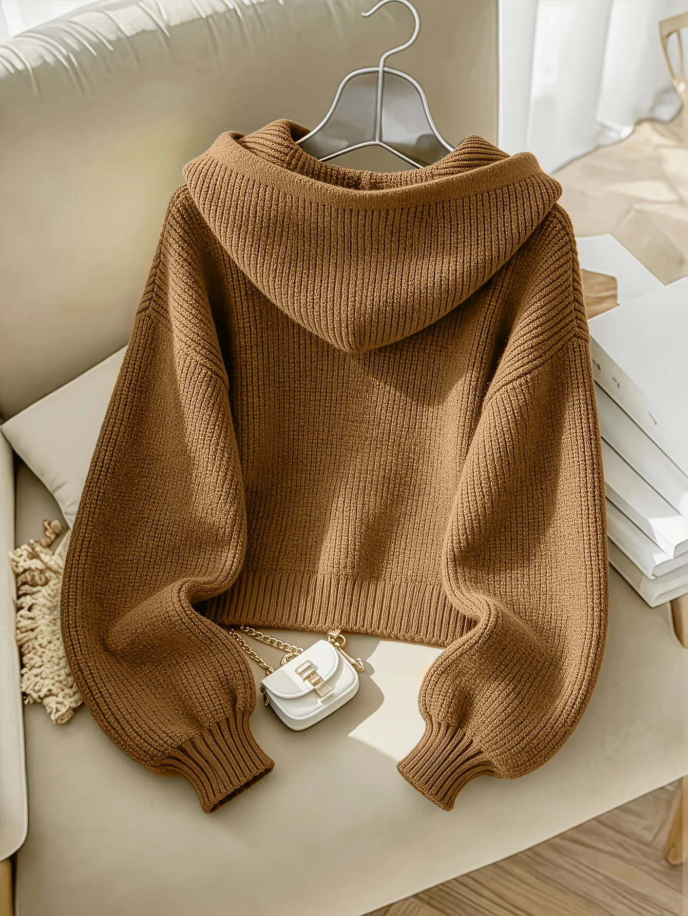 Women Zip Front Hooded Knit Sweater Solid Minimalist Lantern Sleeve Loose Soft Casual Hoodie Autumn Winter Female Apparel