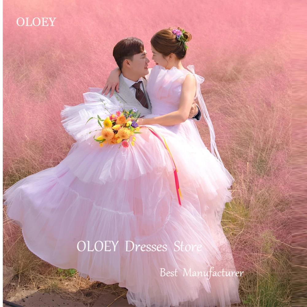 

OLOEY Pink Tulle Wedding Dresses Korea Photo shoot Strapless Tiered Bridal Gowns Garden Evening Party Dress Corset Back 2025