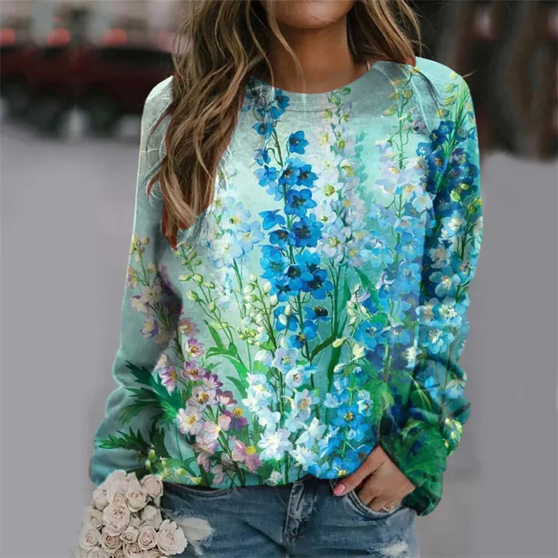 Harajuku New 3D Printing Colorful Flowers Sweatshirts Women Fashion Streetwear Pullovers Winter Girls Floral Graphic Clothes Top