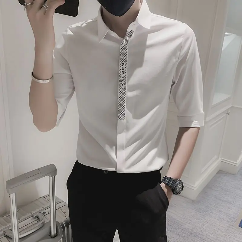 

New Summer Men Korean Fashion Embroidery Business Casual Button Shirts Youth Black White Short Sleeve Slim Tops Camisa Masculina