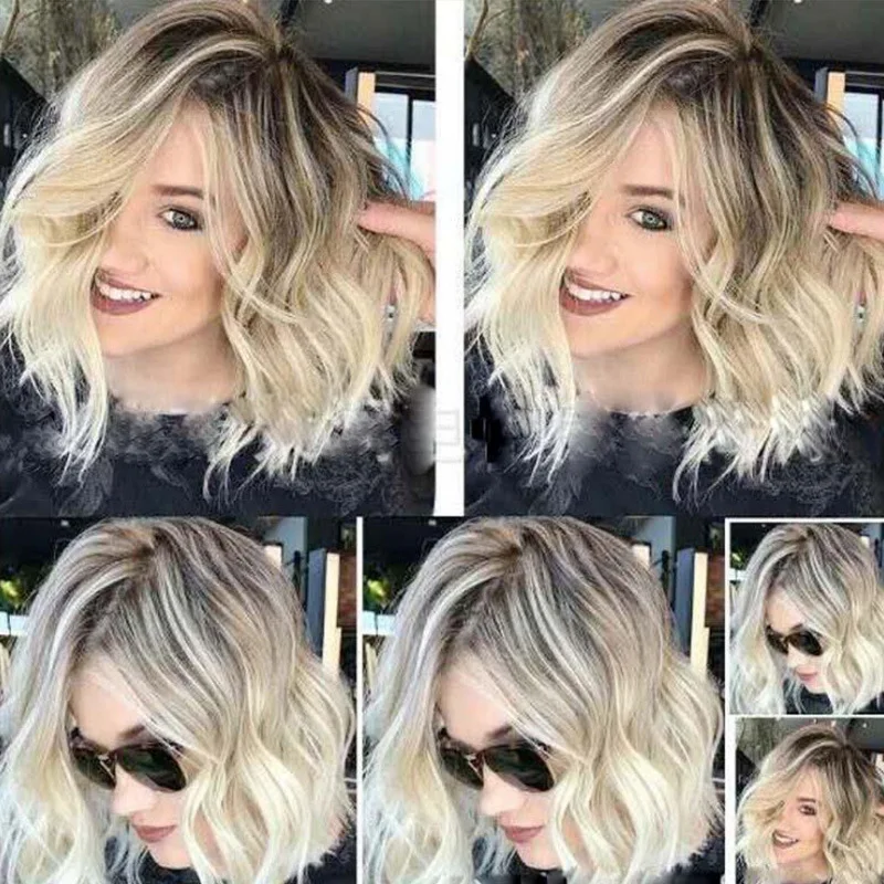 Perücke Damen Mittelscheitel Kurze lockige Farbverlauf Große Welle Farbverlauf Flauschige Birnenblüte Kurze Perücke Kurzes Haar