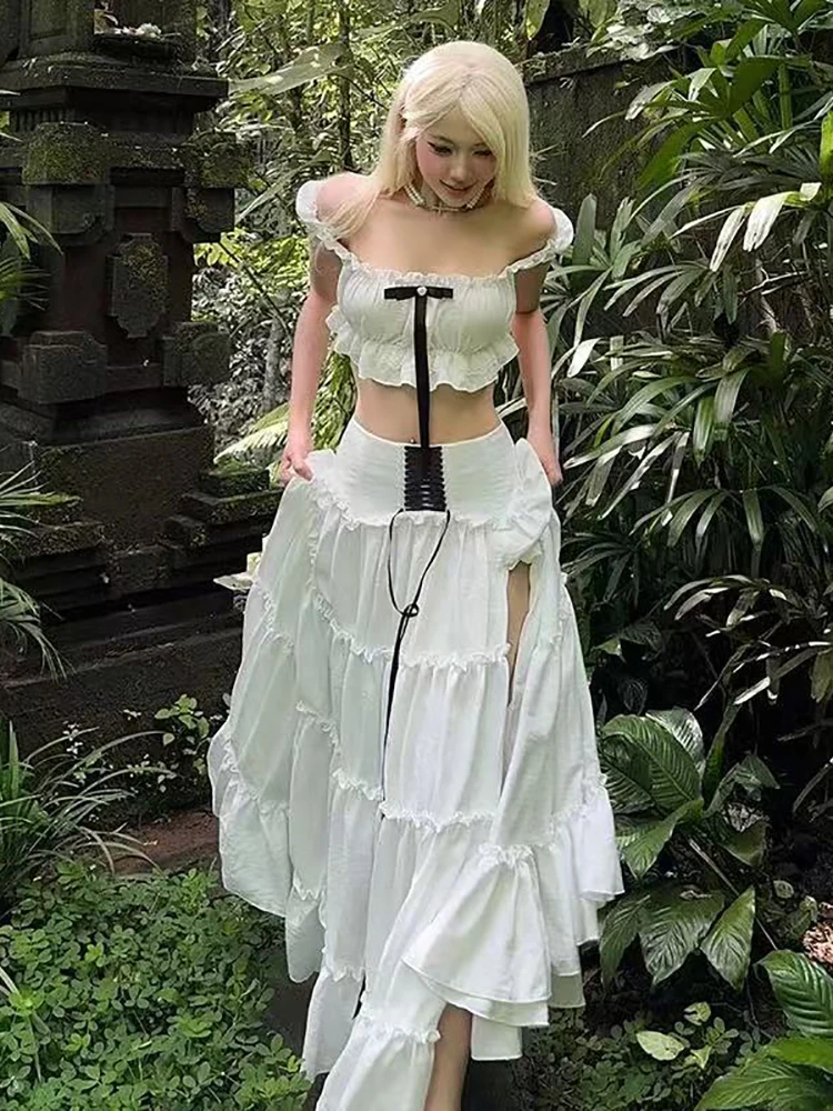 

Women Ruffles Skirts Two Piece Sets Sexy Patchwork Lace Bow Tops + Lace-up Split Long Skirt Suits Evening Party Cocktail Sets