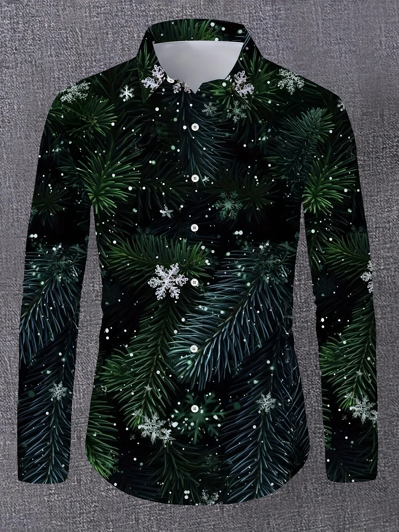 Men Long Sleeve Button Down Shirt Christmas Pine Branch Snowflake Print Polyester Lapel Collar Holiday Party