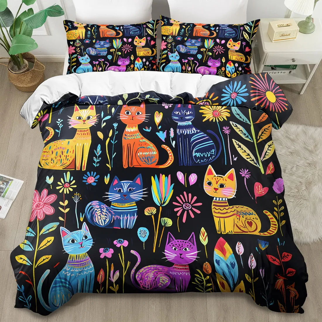 Cartoon Cat Bohemian Style Duvet Cover Set Multi Size Quilt Cover Queen Size Bedroom Bedding Decoration Machine Washable Bed Sheet Quilt Cover