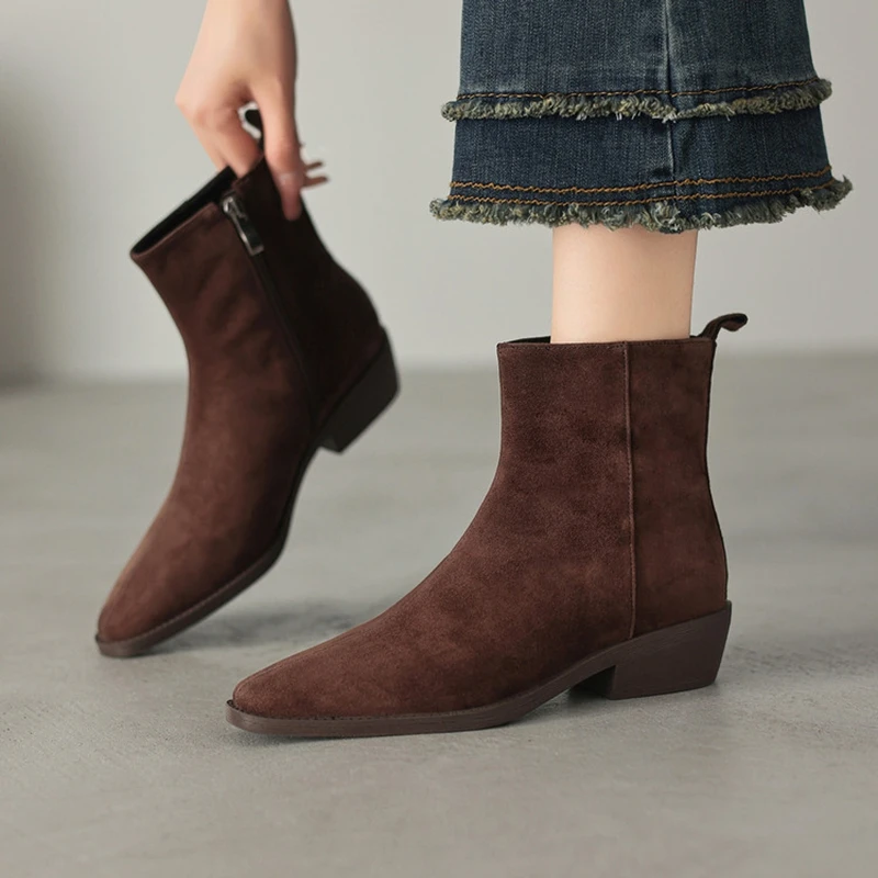 NEW Autumn/Winter Women Boots Sheep Suede Leather Shoes for Women Pointed Toe Chunky Heel Shoes Zipper Western Boots Daily Shoes