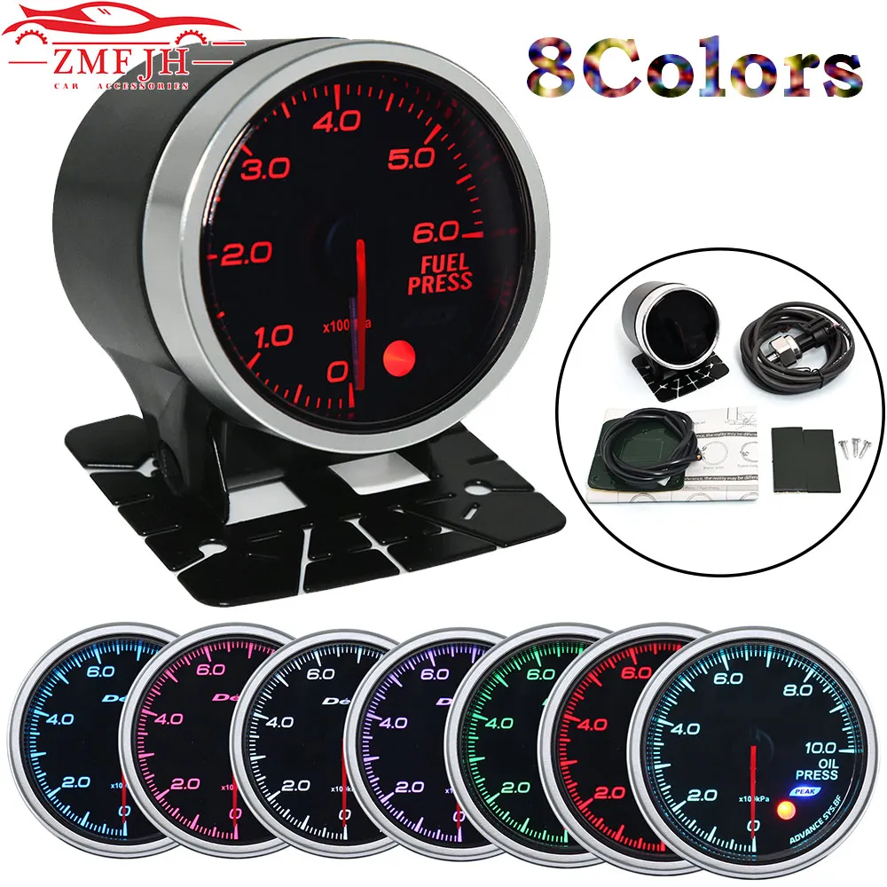 AD 52MM Fuel Pressure Gauge with 8 Colors Backlight Smoke Lens 0-6 Bar Car Fuel Pressure Meter With Stepper Motor Fuel Pressure