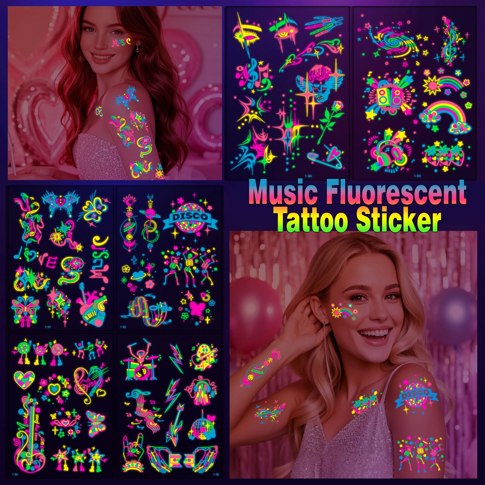 

6pcs/Set Cute Fluorescent Music/Butterfly/Heart Tattoos Stickers For Women Shoulder Face Decorations 3D Neon In Dark Illuminate
