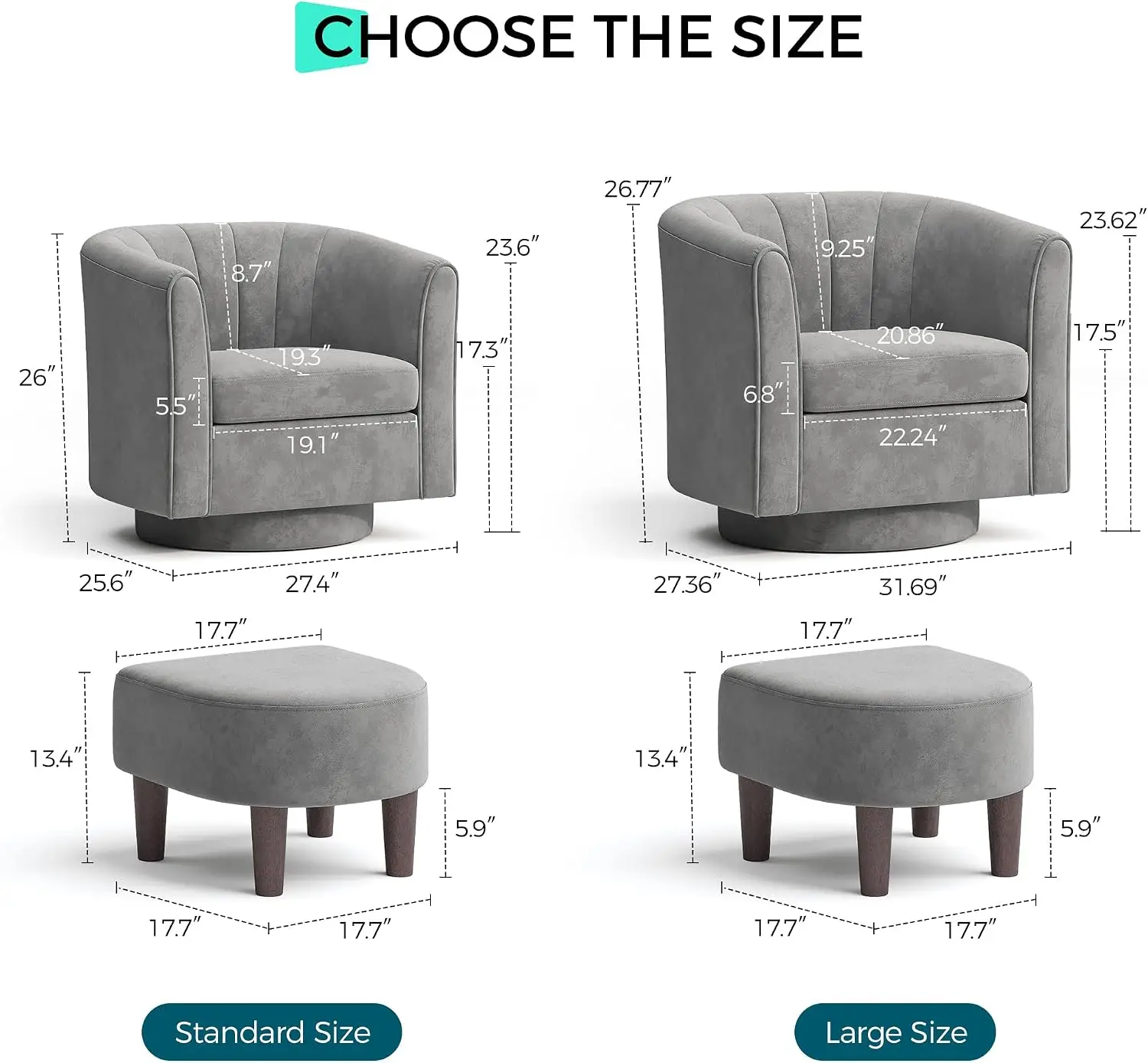 Grey Velvet Large Swivel Accent Chair Ottoman Barrel Footrest Modern Upholstered Comfy Reading Armchair Living Room Bedroom Stud