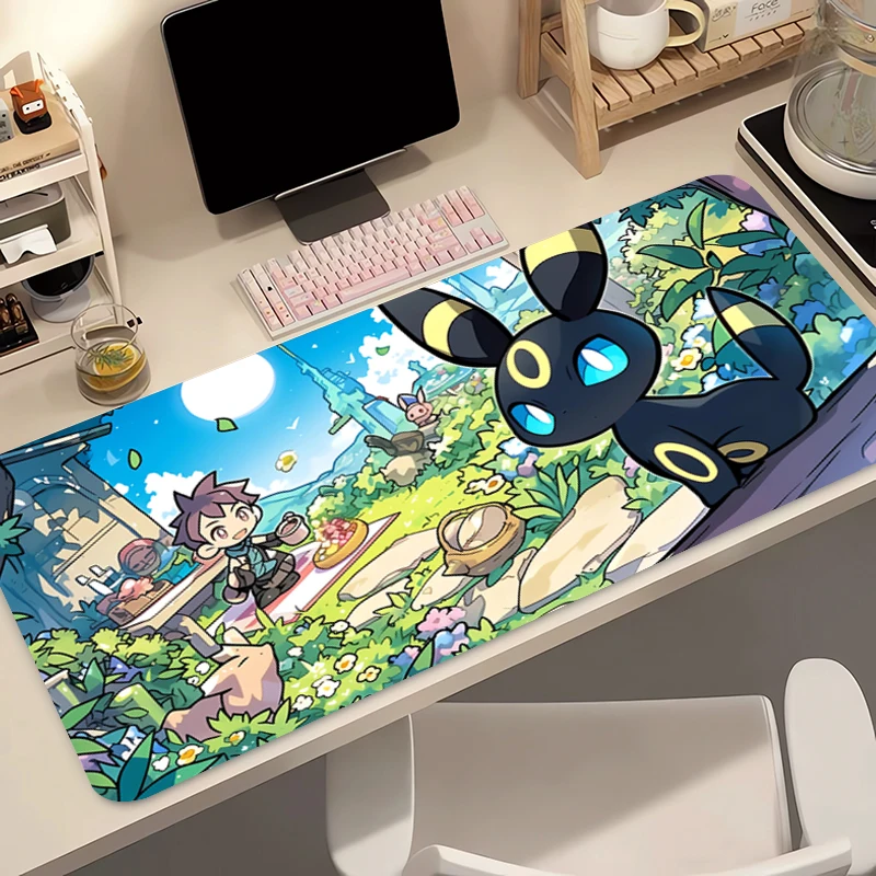 

Коврик для мыши в стиле аниме, 90x40 см, большой игровой коврик для клавиатуры Pokemon, белый, с расширенными краями, настольный коврик, коврик для компьютера
