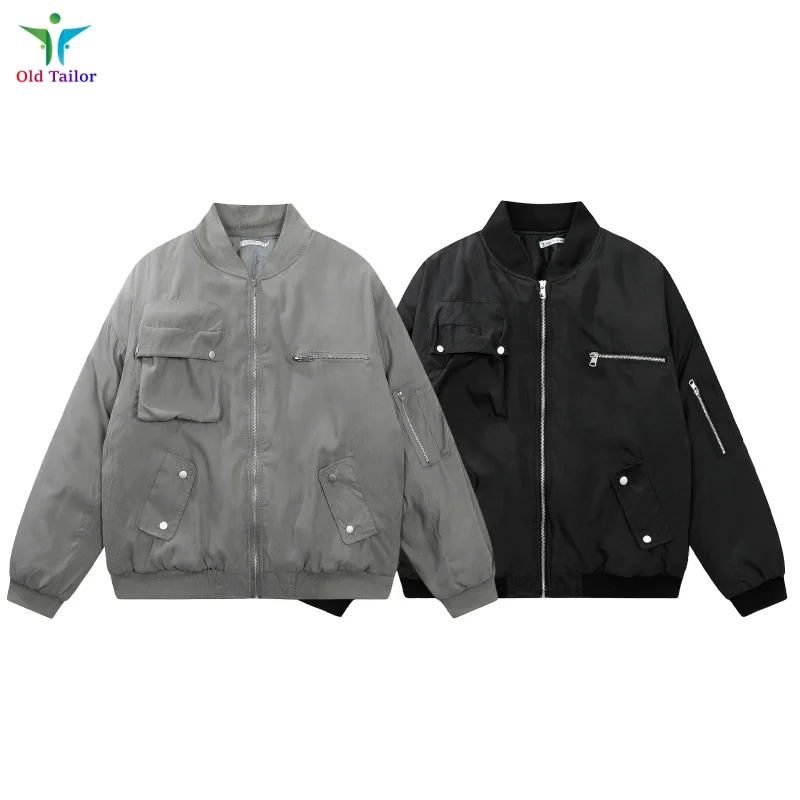 Vintage Solid Pilot Workwear Multi-Pocket Deconstructed Silhouette Cotton Jacket Grey Black Mens Womens Coat