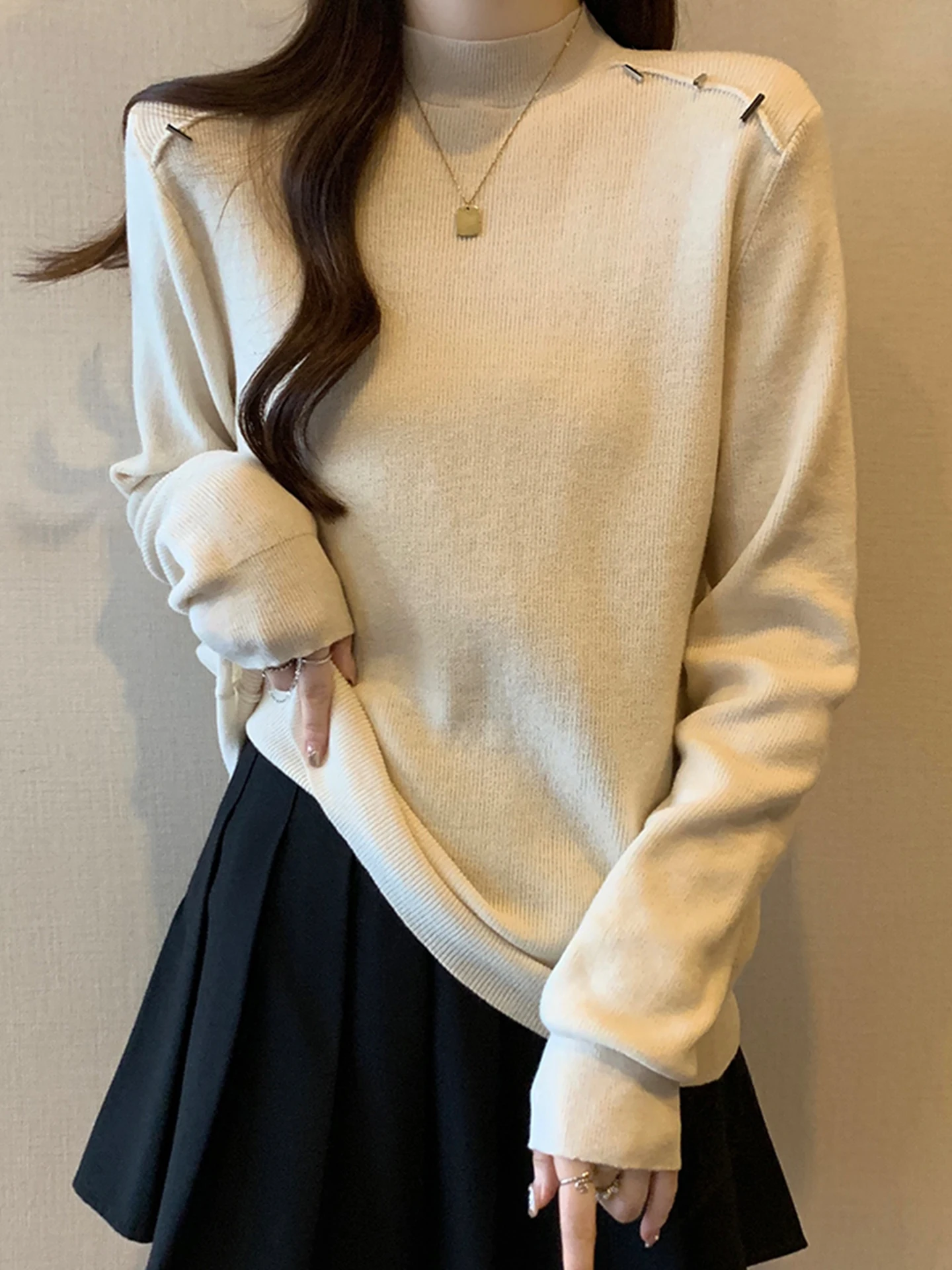 

Women's Knitted Base irt f High Collar Loose Fit Long Sve Retro Sle Inner Wear Outer Wear Slimming Design Large Size