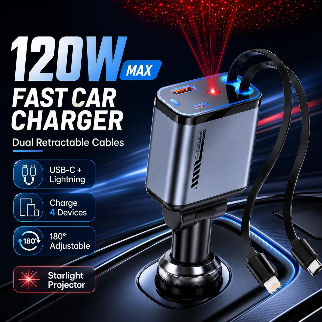 120W Car Charger Dual Retractable USB-C Lightning Cables, 4-Device Charging, 180° Adjustable, 12V-24V