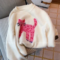 Camisolas bordadas de gato leopardo rosa para mulheres casaco quente dos desenhos animados jumper streetwear top manga comprida malhas roupas de inverno, y2k