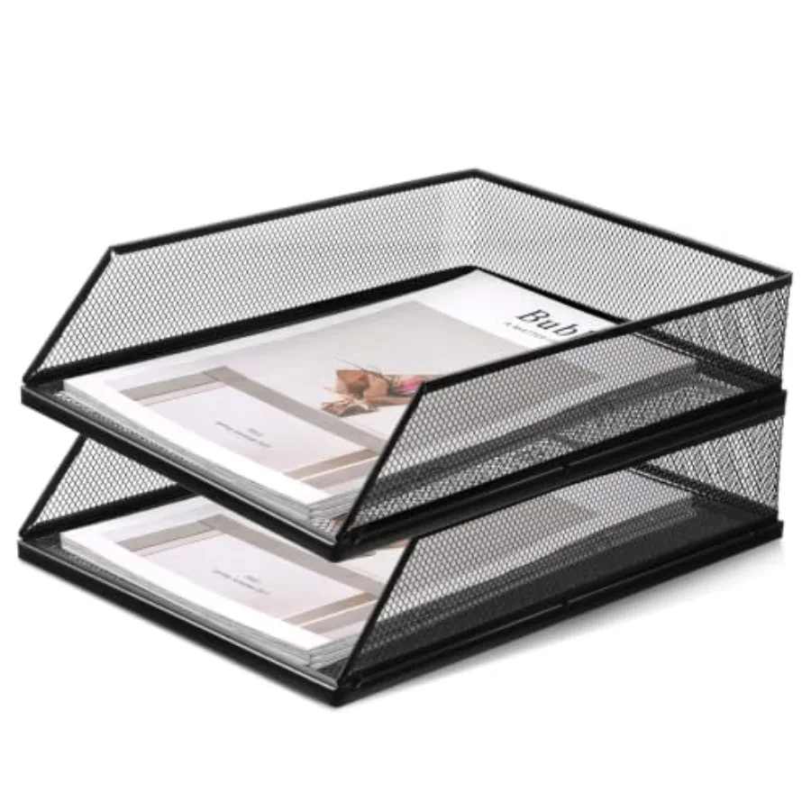 2 Pcs Stackable Paper Tray, Black Metal Letter Tray Metal Paper-Tray Office Document Organizer Front Load File-Paper Holder Wir