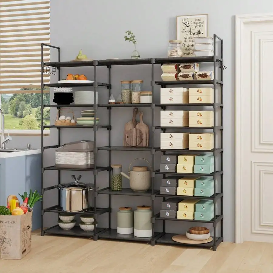 9-Tier Slim Metal Kitchen Storage Rack, Tall Space-Saving Pantry Organizer Shelf With Hooks For Utensils, Spice Jar Cabinet, Modern Kitchen Remodel Essentials