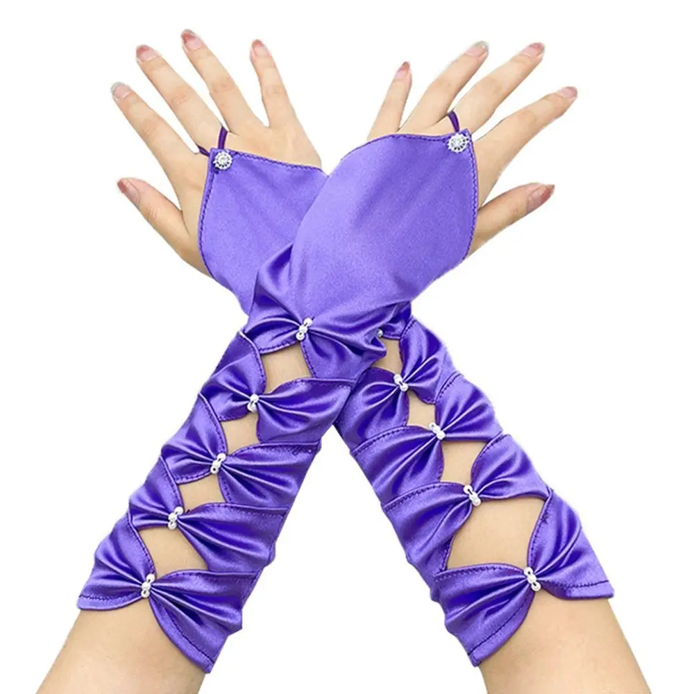 قفازات أنيقة بدون أصابع مرنة للكوع ، قفازات ساتان طويلة للكوع