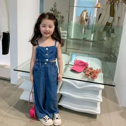 Korean Spring Summer Children Girl 2PCS Clothing Set Short Slip Vest Solid Denim Straight Pant Toddler Girl Outfit Kid Girl Suit