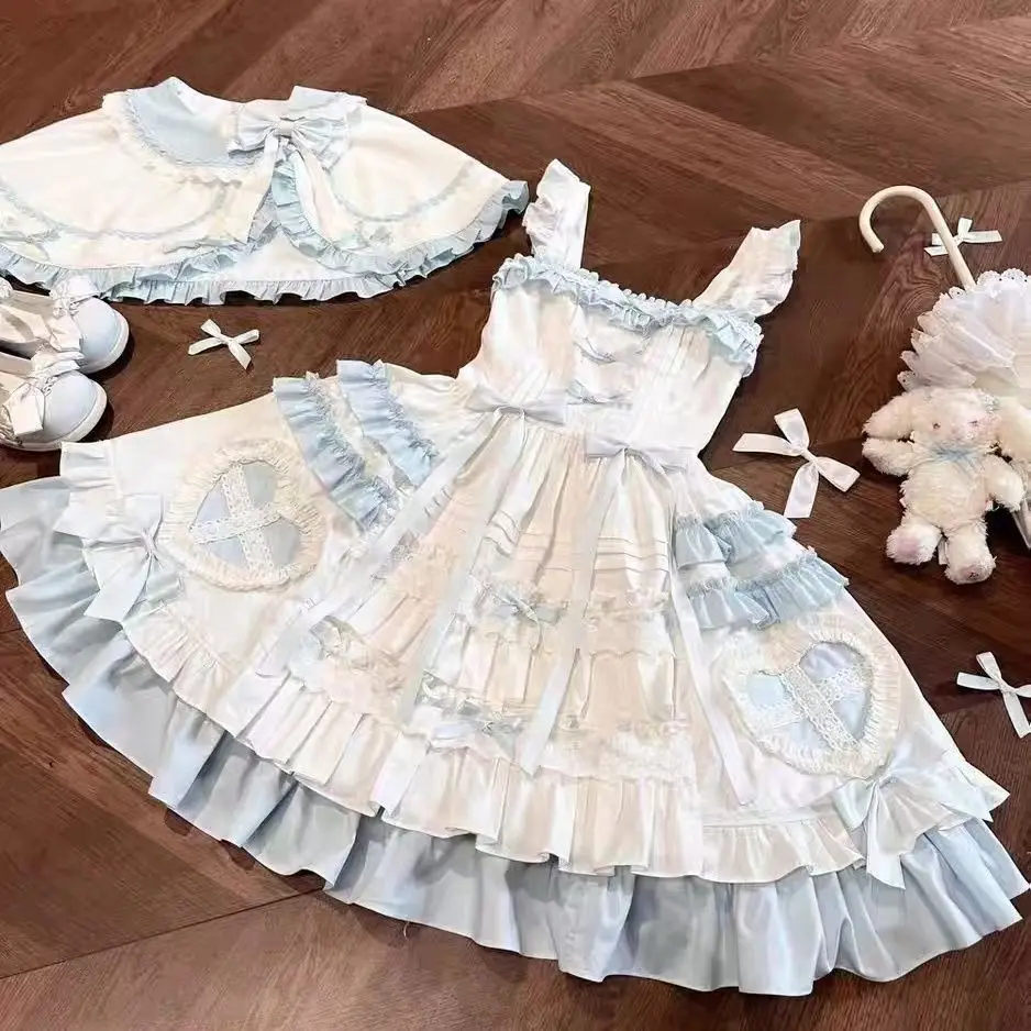 Японский комплект платьев Лолиты для косплея из 2 предметов, женская повседневная накидка Y2K + мини-платье без рукавов, наряд для вечеринки, модные платья в стиле ретро