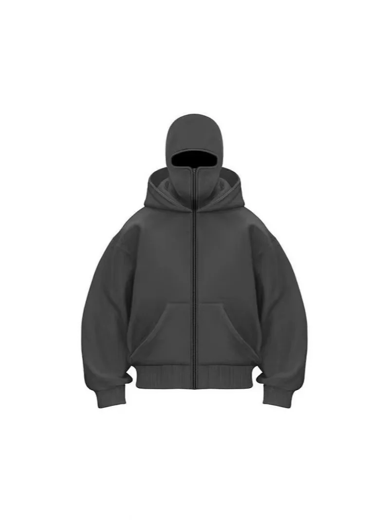 2026 Herbst Herren Gothic Harajuku Winter Neuheit Doppelkapuzen-Sweatshirt mit Aufdruck Herren Kapuzenpullover mit Maske und Reißverschluss Sportbekleidung – Detail 6