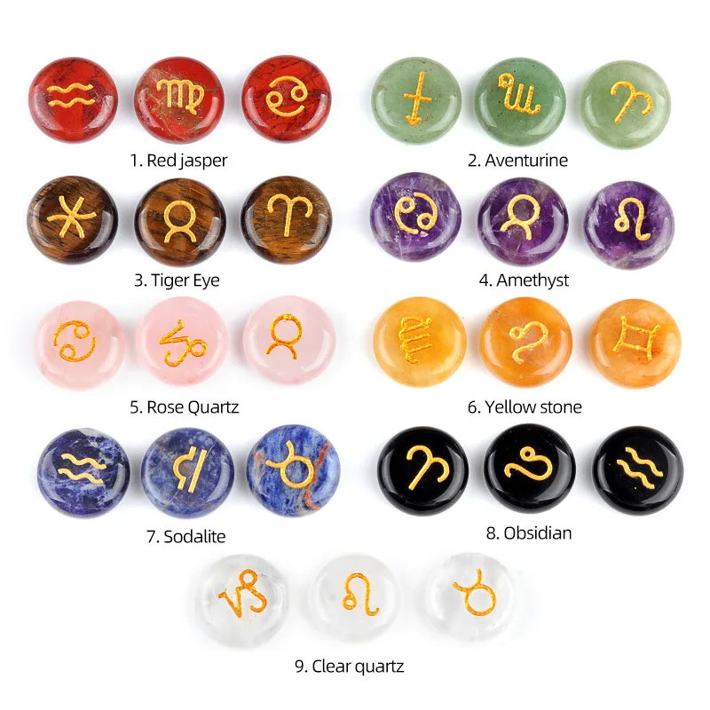 12 Pcs Mini Natural Chakra Stone Set  Zodiac Constellation Symbols Round Healing Meditation Energy GemStone Lucky Charm Gift