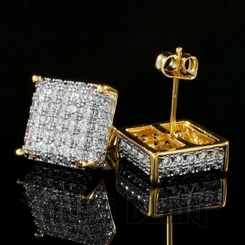 Trendy  Gold / Silver Color Bling Out Iced AAA Three-dimensional Zirconia Micropave Square Hip Hop Stud Earrings