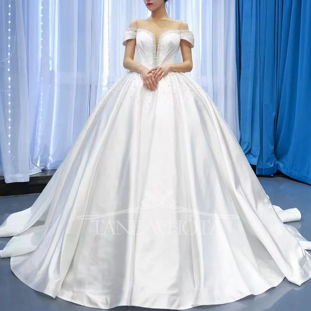 

Luxury Sexy O-Neck Off-Shoulder Bridal Dress Vestido Novias With Lace-Up Back Beading Customizable Wedding Dress