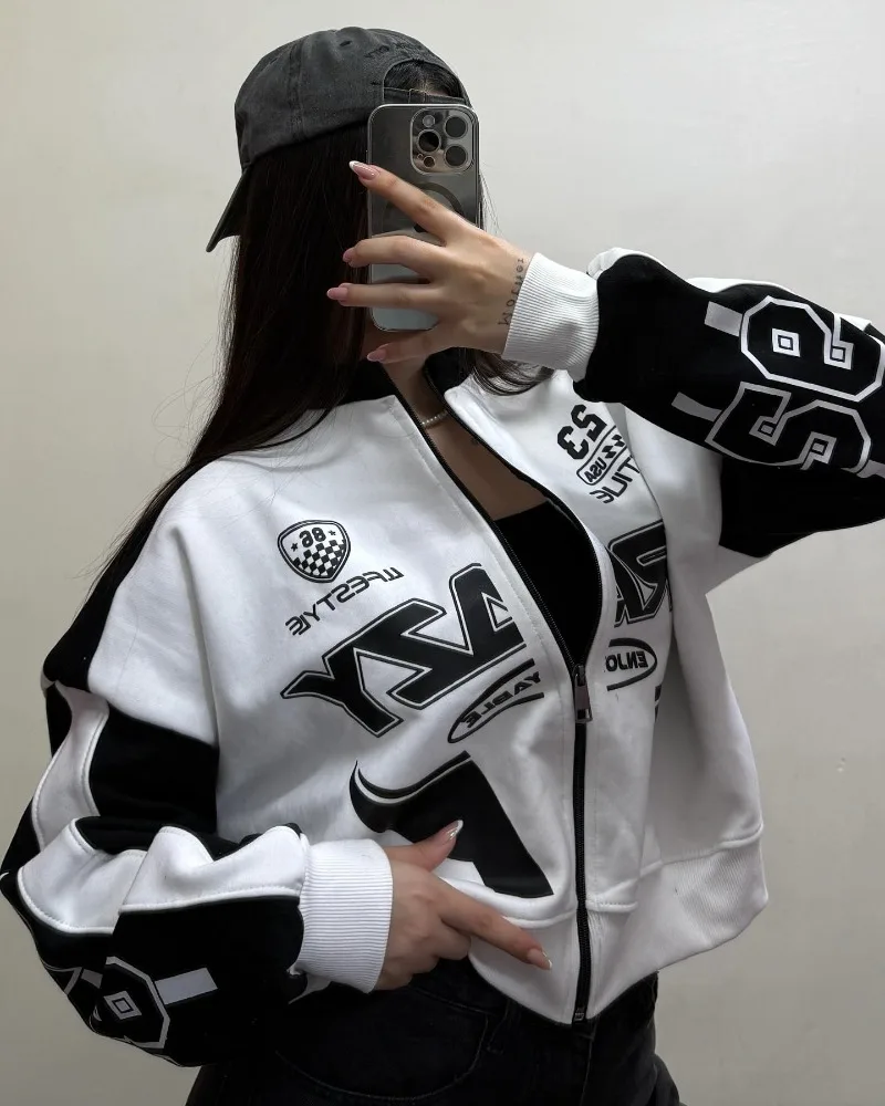 American Street Impiombato ​ ​ Giacca con cerniera senza colletto stampato casual oversize top slim retrò hip-hop cappotti di marca di moda da donna