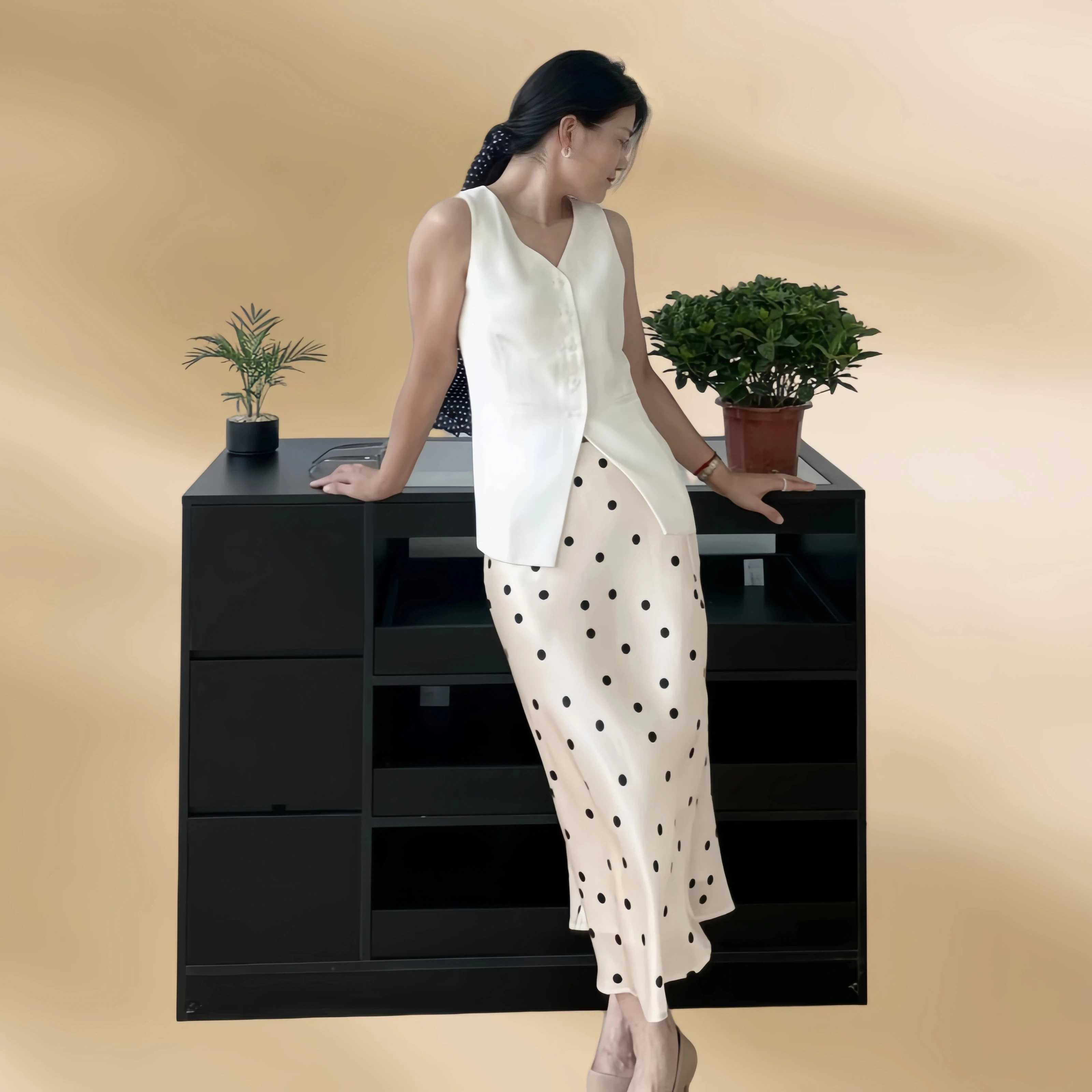 100% Mulberry Silk Mermaid Midi Skirt Women Summer Polka Dot Print High Waist Satin Wrap Hip Long Skirt Elegant Office Bottoms