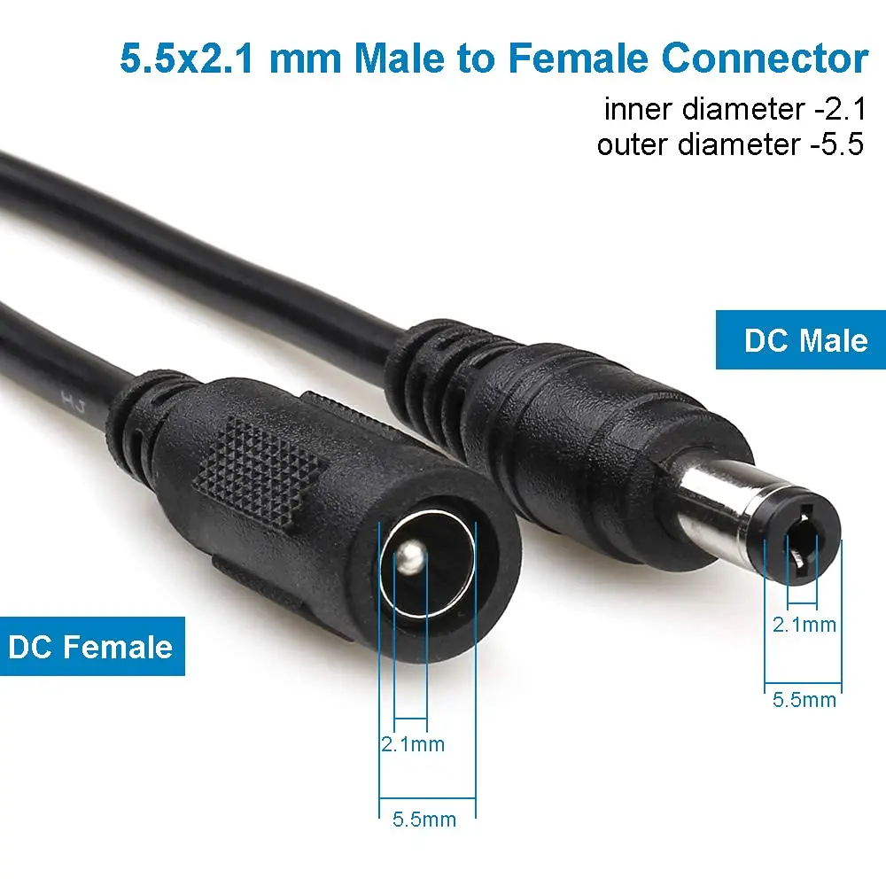 Cable de alimentación de extensión DC 12V, Cable eléctrico macho y hembra de 2,1mm x 5,5mm, blanco y negro de 0,5 m, 1m, 2m, 3m, 5m, 10m, Cable de