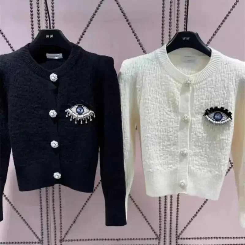 Peals Beading Knitted Cropped Cardigan Jacket Women's New Autumn Winter O-Neck Long Sleeve Tops Sweater Jumper Outerwear T581