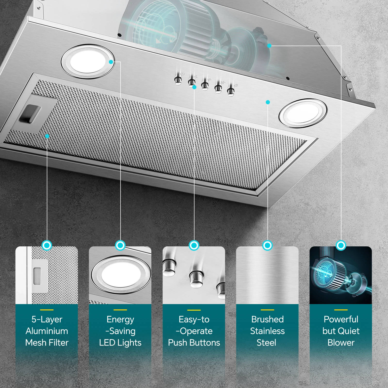 Insert 20 Inch 600CFM Range Hood Stainless Steel Push Button Control 3-Speed/Ducted/Ductless 5-Layer Filter & LED Lighting