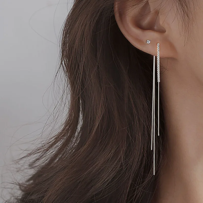 925 Silver Needle New High Grade Water Diamond Tassel Long Earline Style Back Hanging Crystal Birthday Gift Earrings Jewelry