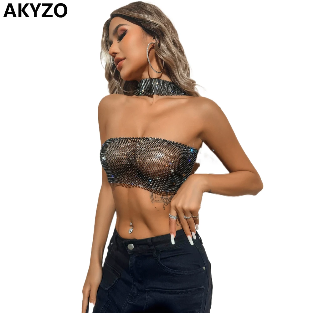 

AKYZO Sexy Hanging Neck Bra Rhinestone Top Mesh Festival Style Crop Top Rave Clothing Women Performance Costumes