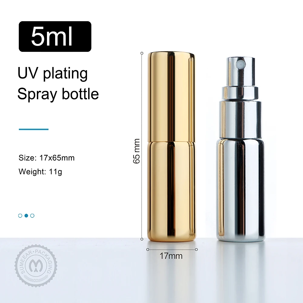 100 sztuk 5ml przenośna butelka perfum UV kosmetyczna podróżna aluminiowa butelka z rozpylaczem na próbki prezentu Mini butelka pojemnik na perfumy