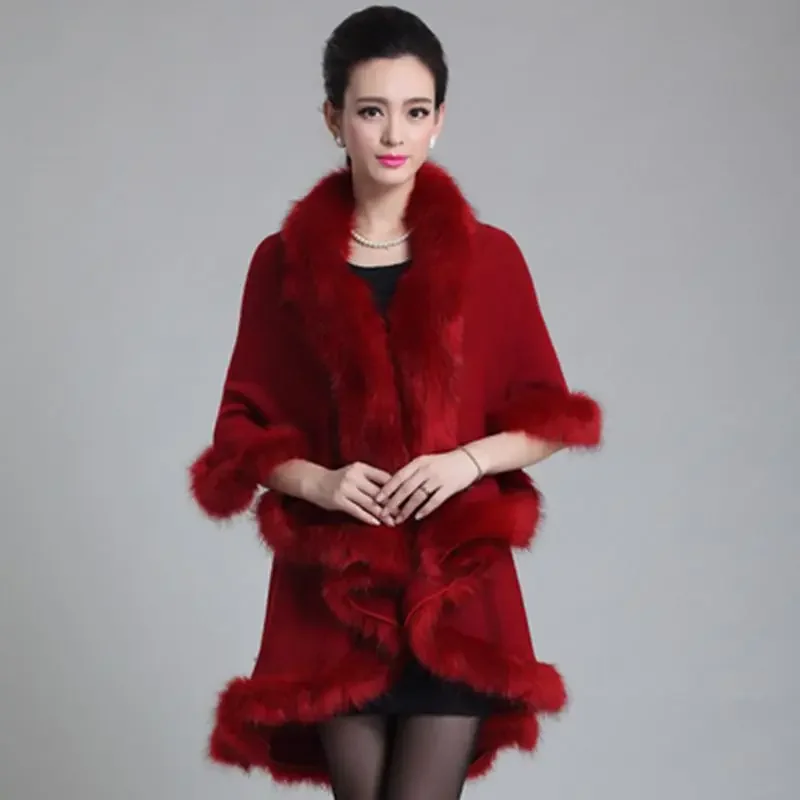 Brieuces New Fashion Long Wool Cashmere Faux Fox Fur Coat Cardigan Women Poncho Knitted Sweater Women Scarves Autumn And Winter