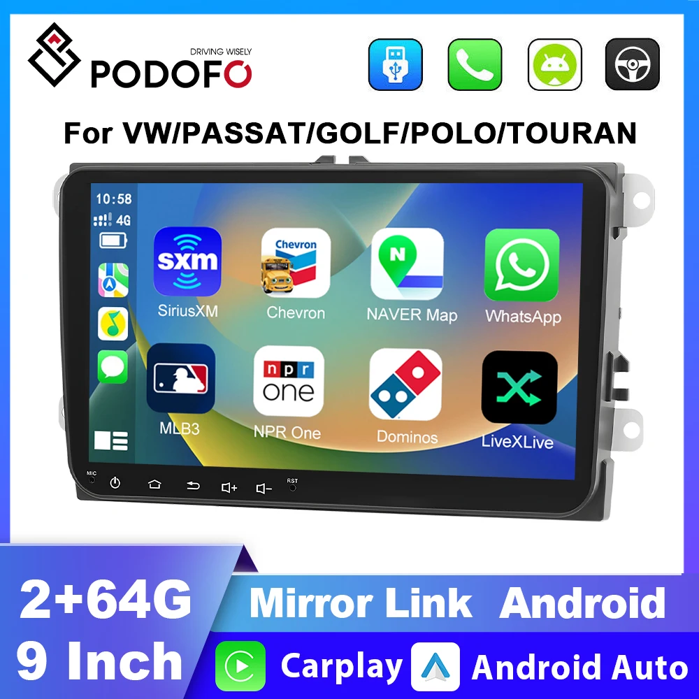 

Podofo 9" Touch Screen Carplay Car Radio Stereo For VW PASSAT GOLF POLO GPS Navigation FM Android 2din Car Multimedia Player