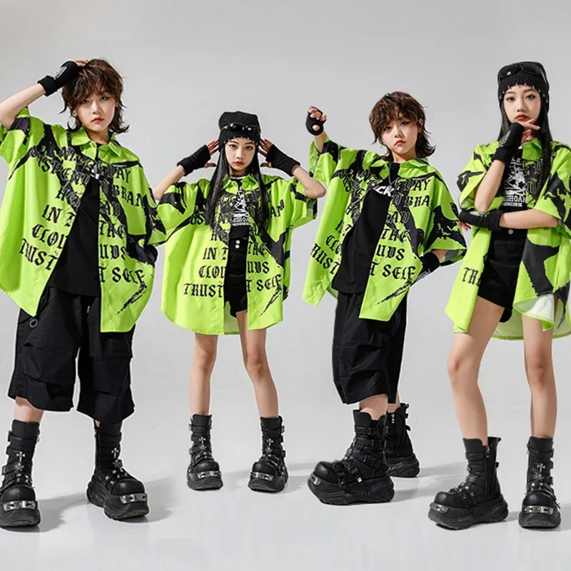 

Children Jazz Dance Costume Summer Hip Hop Green Shirt Black Shorts Girl Kpop Stage Outfit Boys Street Dance Wear