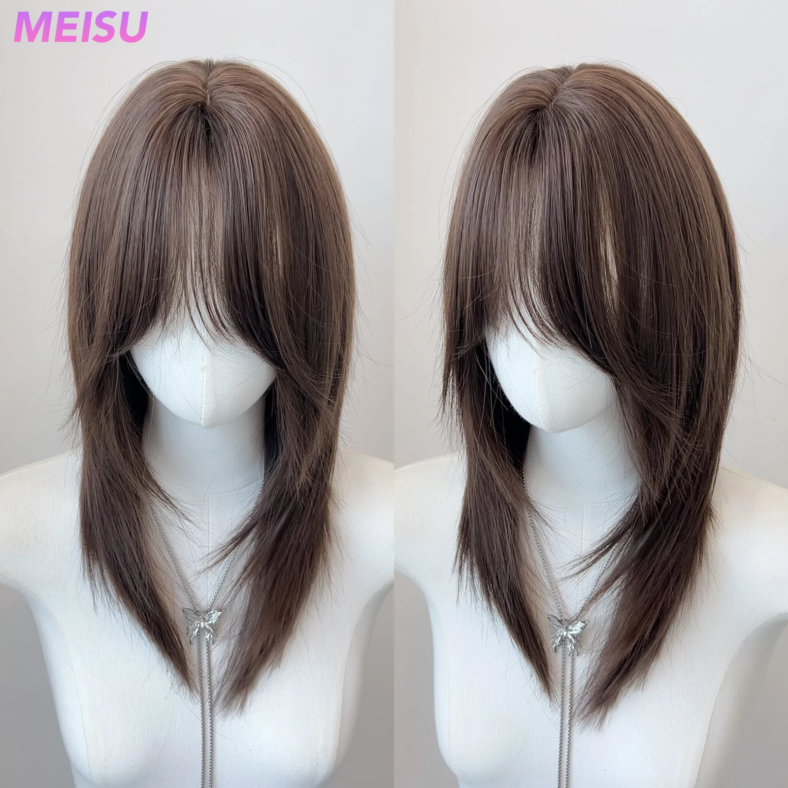 

MEISU 20-дюймовый темно-коричневый синтетический парик с воздушной челкой, прямые многослойные прямые парики, термостойкое волокно для вечеринок или селфи для женщин