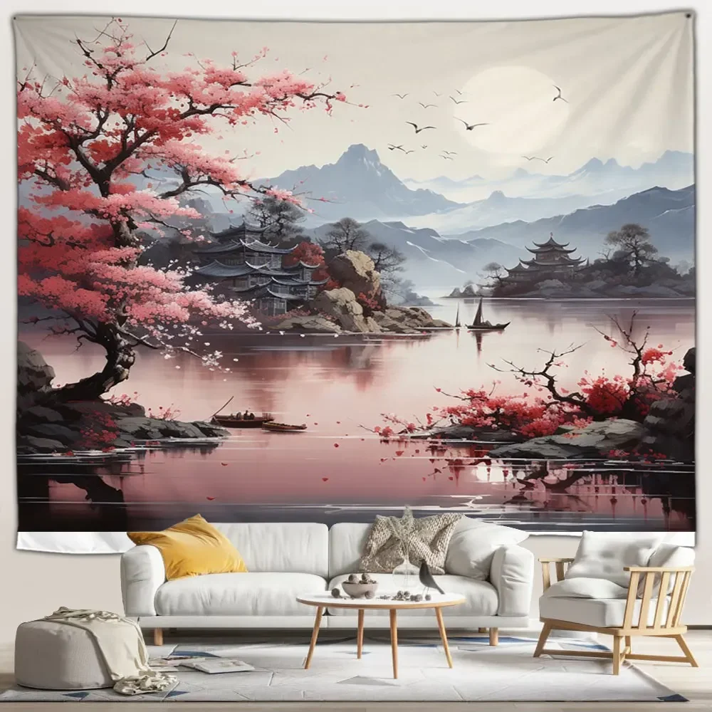 Japanese Scenery Tapestry Pink Cherry Blossom Flowers Misty Landscape Chinese Architecture Living Room Bedroom Decor Wall Hangin
