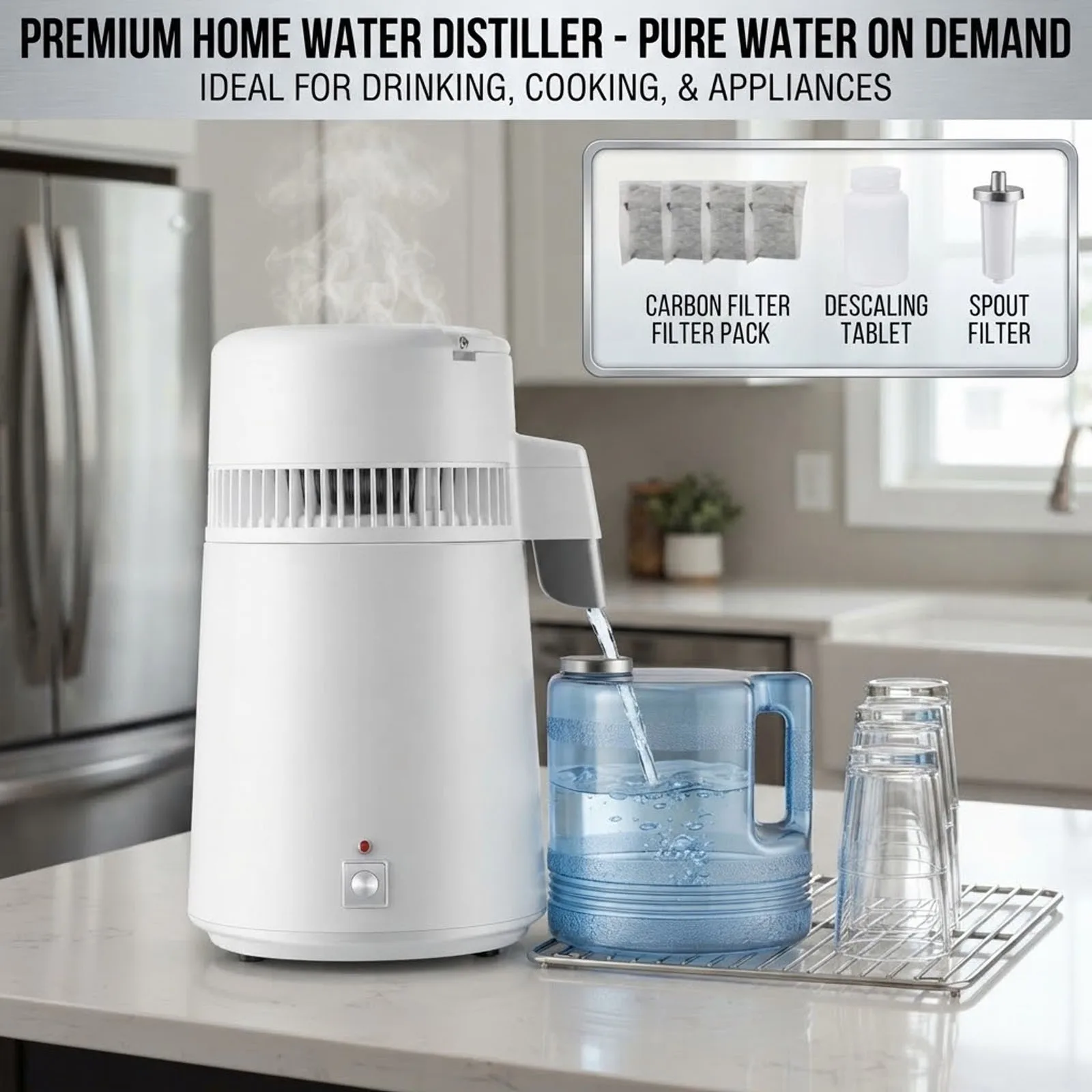 SIHAO Distillatore d'Acqua da Banco, Purificatore d'Acqua Pura, Attrezzatura per Distillazione Interna in Acciaio Inox per Casa, Laboratorio, Ufficio