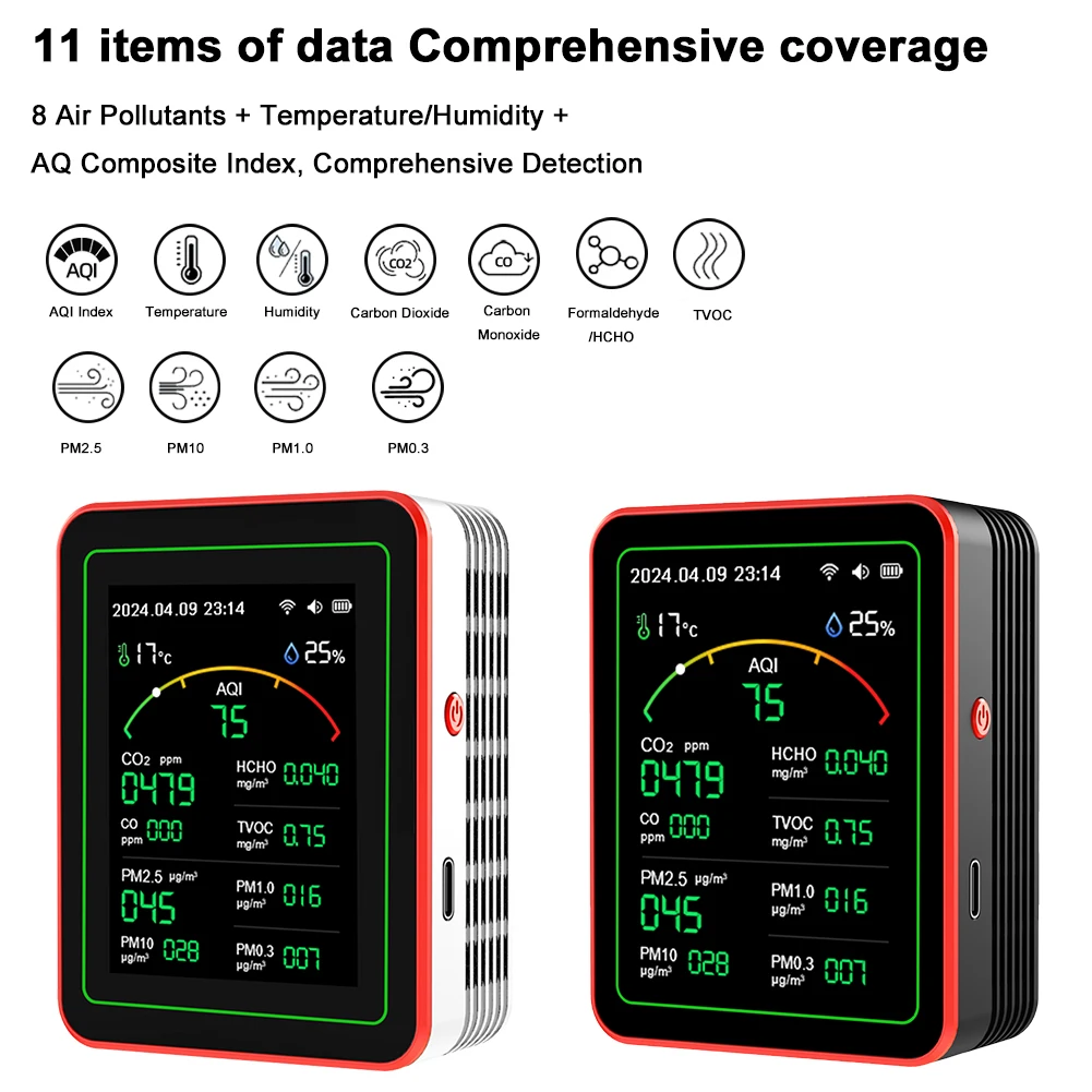 واي فاي 15 في 1 المحمولة AQI PM0.3 PM1.0 PM2.5 PM10 تستر TFT عرض ساعة متعددة الوظائف APP التحكم في درجة الحرارة مقياس الرطوبة