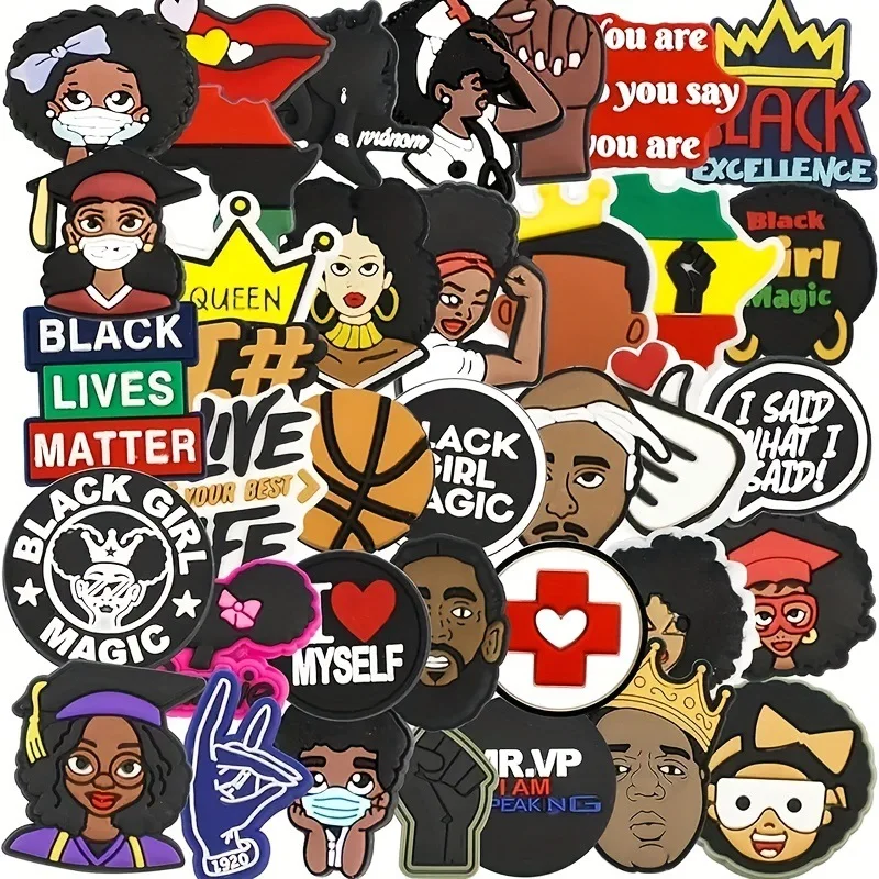 Mix 30pcs black cultural shoe charm, African American Pride PVC block decoration, Christmas inspirational women's power pendants