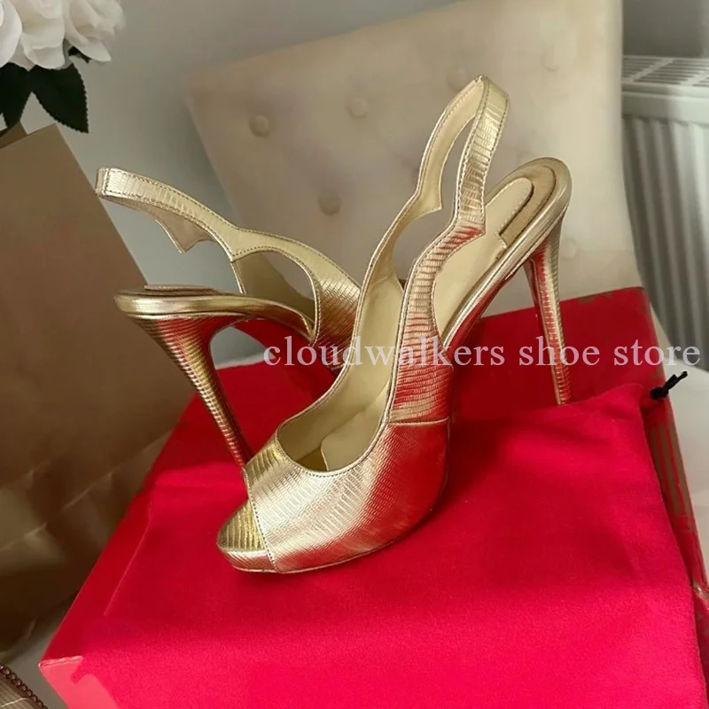 

Luxury Gold Texture Peep Toe Platform Sandals Ankle Strap Tower Buckle Stiletto Sandals Banquet Wedding Matching Shoes Bags Set